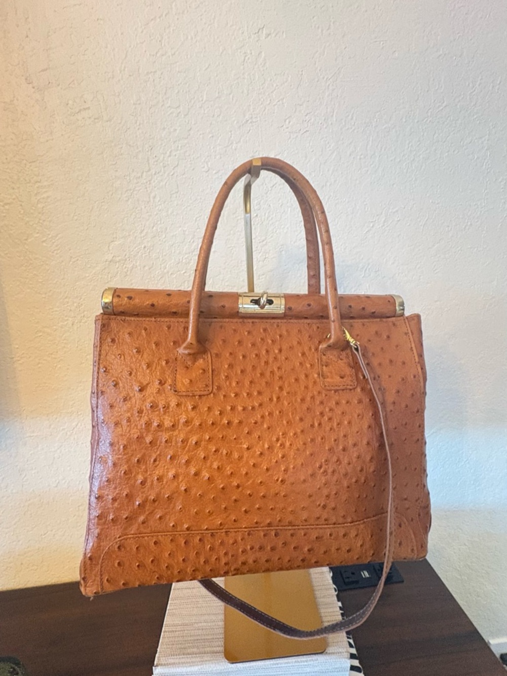 Textured Ostrich-Effect Satchel in Cognac Brown